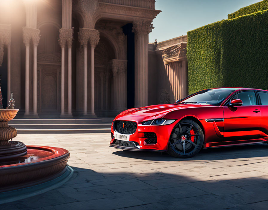 Red sports car parked in front of classical architecture with columns and fountain