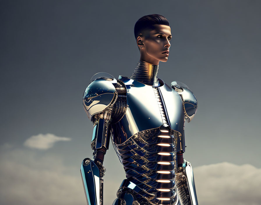 Detailed humanoid robot with metallic body and male head against cloudy sky