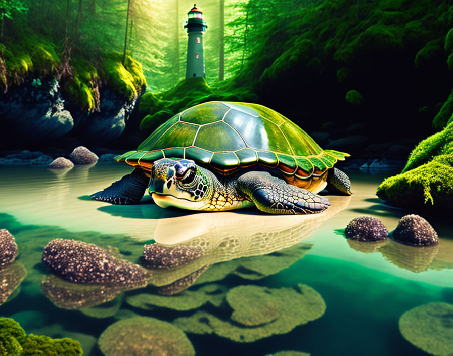 Colorful Turtle Swimming in Clear Waters with Mossy Rocks and Lighthouse in Surreal Green Light