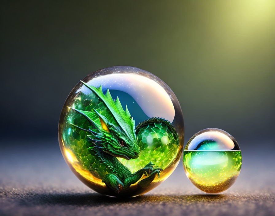 Green Dragon Curled in Large Transparent Orb with Smaller Orb on Grey Background