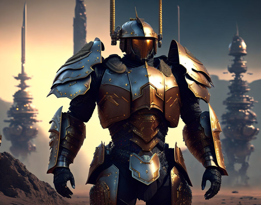 Knight in ornate armor in futuristic desert setting