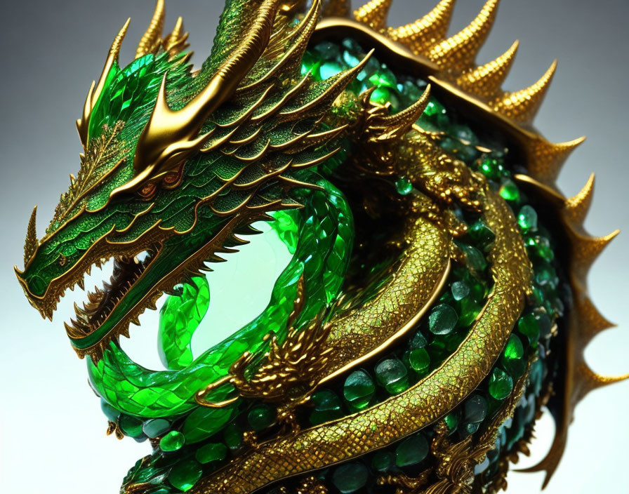 Detailed Jade Dragon Sculpture with Gold Accents on Grey Background