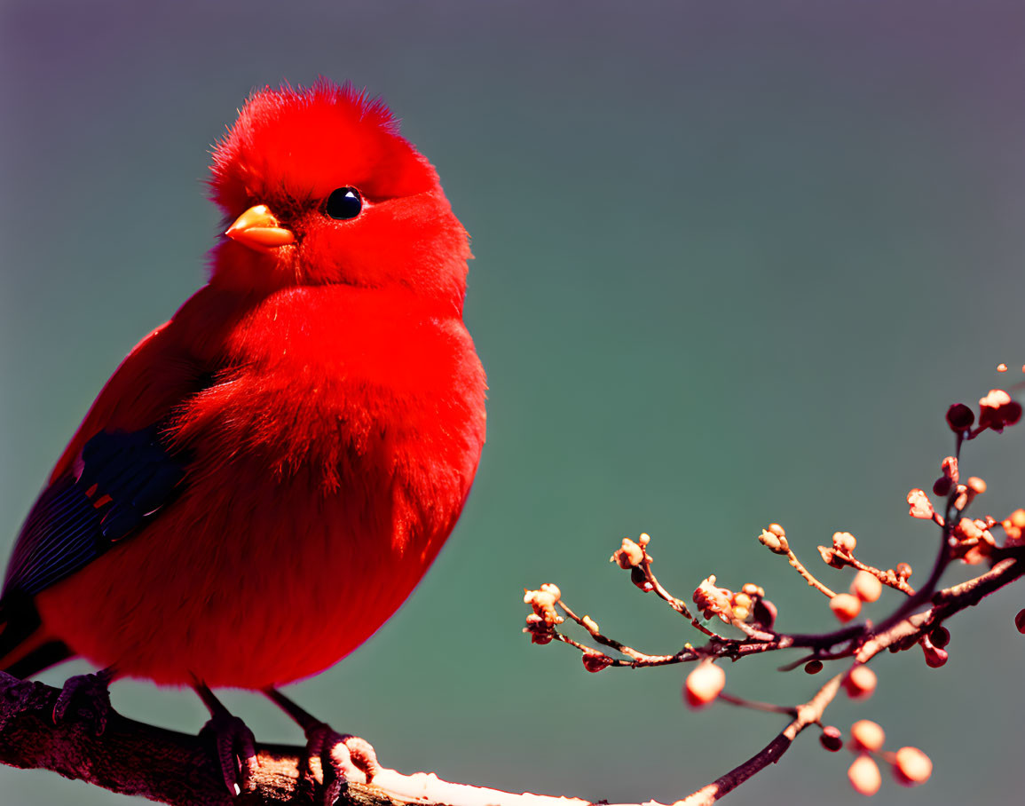 Red cardinal bird perched on branch with budding flowers on teal background