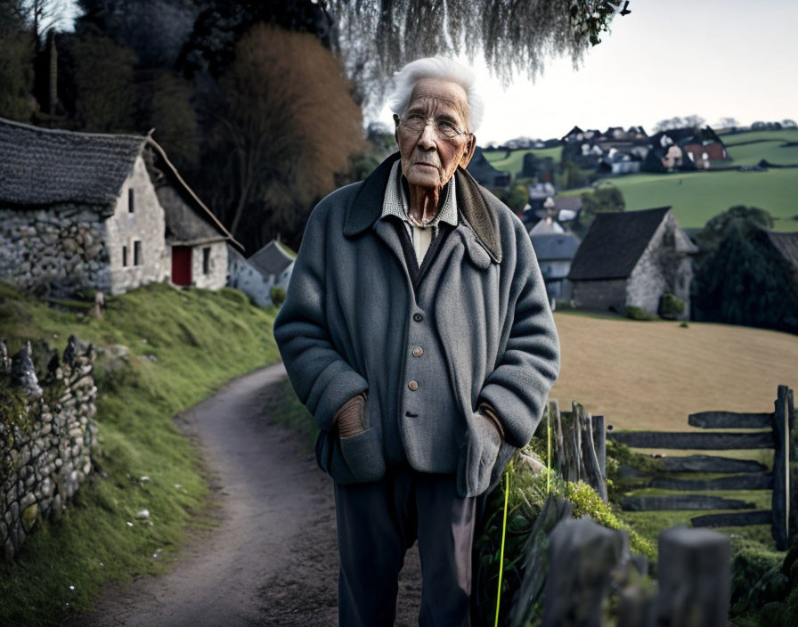 Elderly man with glasses and walking stick in rural setting