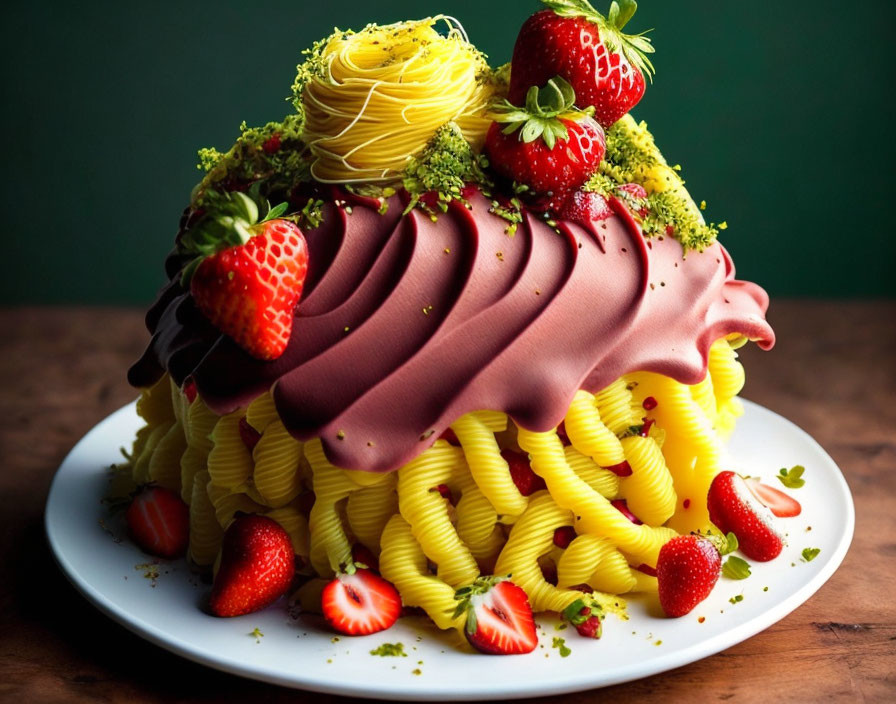 Whimsical spaghetti-themed cake with sauce, cheese, and strawberries