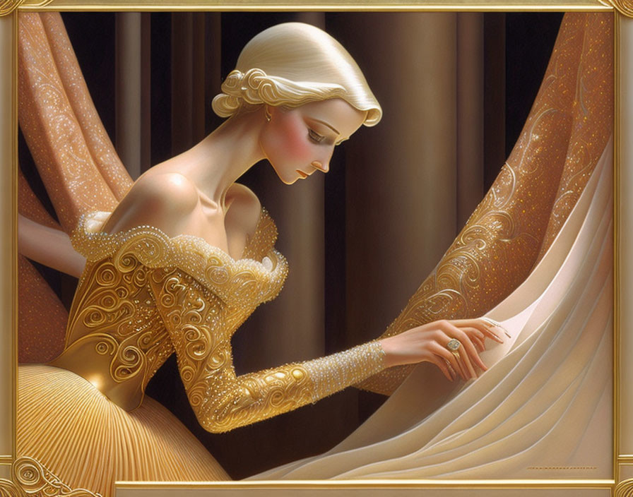 Graceful woman in golden attire touching flowing curtain in warm tones