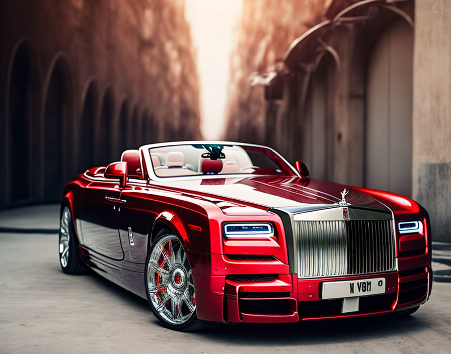 Luxurious Red Rolls-Royce Convertible in Arched Corridor