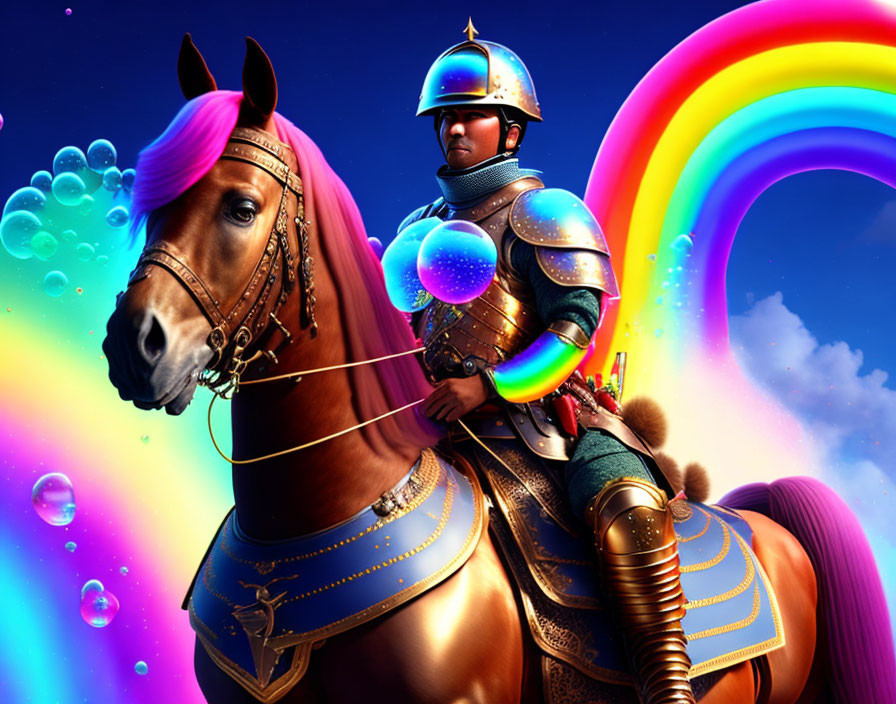 Armored knight on horse with rainbow and bubbles