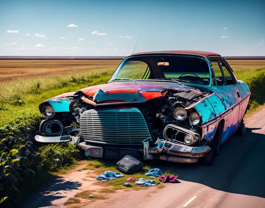 Abandoned vintage car with colorful, peeling paint in rural setting