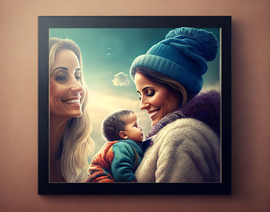 Digital illustration: Smiling woman with baby and friend under sunset sky