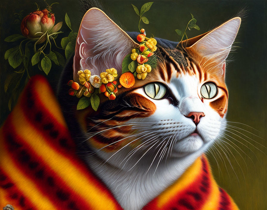 Colorful Cat Portrait with Butterfly Wing Pattern and Floral Headband