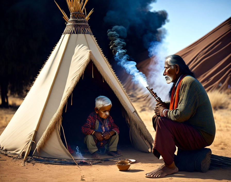 Elder smoking pipe with child by tepee in desert scene