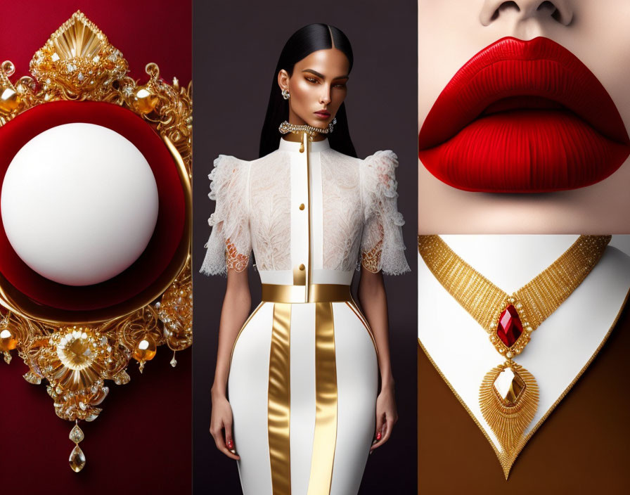 Fashion-themed Collage: Gold Jewelry, Elegant Woman, Red Lips