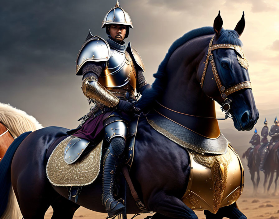 Armored knight on black horse with golden trappings in dramatic setting