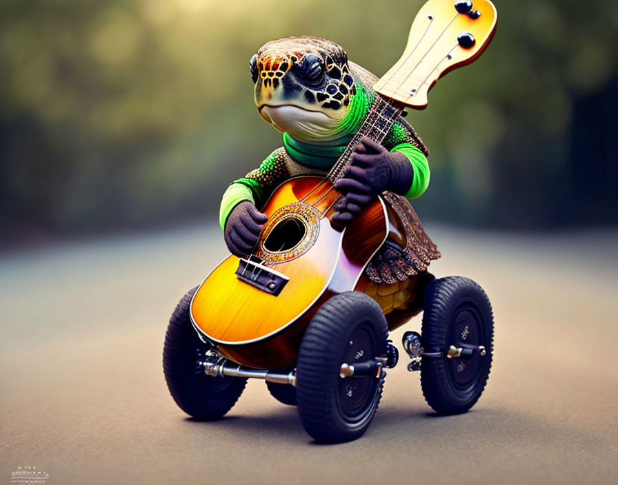 Sea turtle with human-like arms playing guitar on skateboard