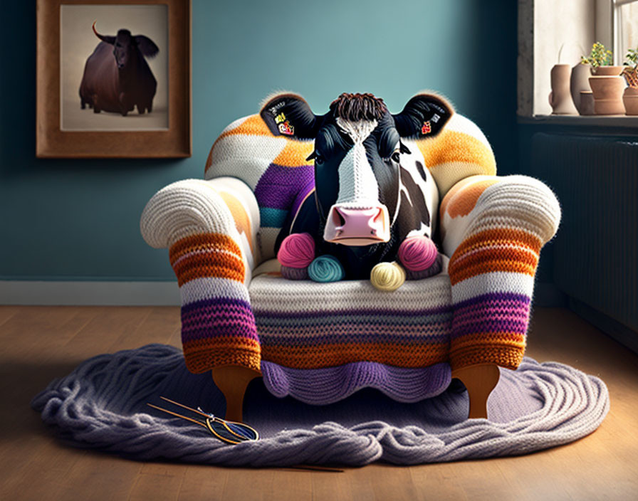 Cow in knitted armchair with buffalo picture in yarn-filled room