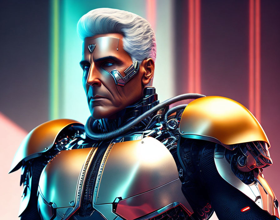 Futuristic male character with silver hair and cybernetic enhancements in neon-lit scene