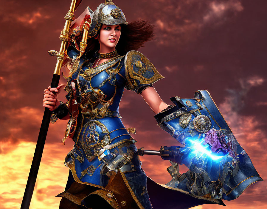 Confident woman in blue and gold armor with magical gauntlet and spear against sunset sky