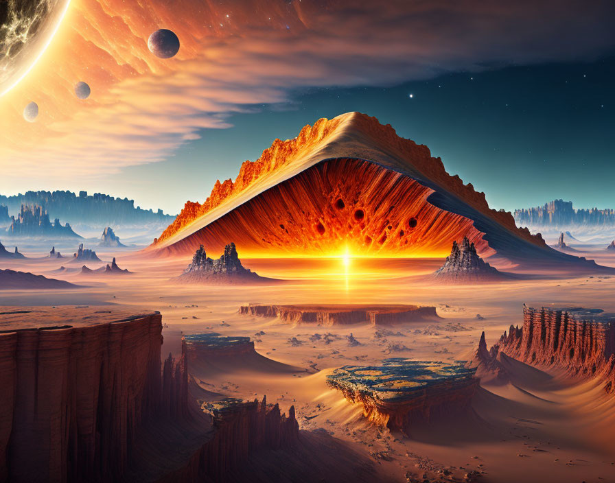 Alien desert landscape with rock formations and canyon under a large sunlit sky.