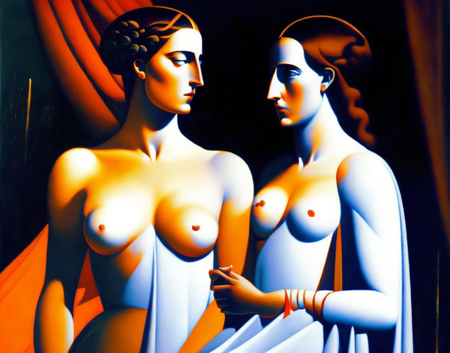 Stylized classical female figures with smooth lines and light/shadow contrast in art deco style