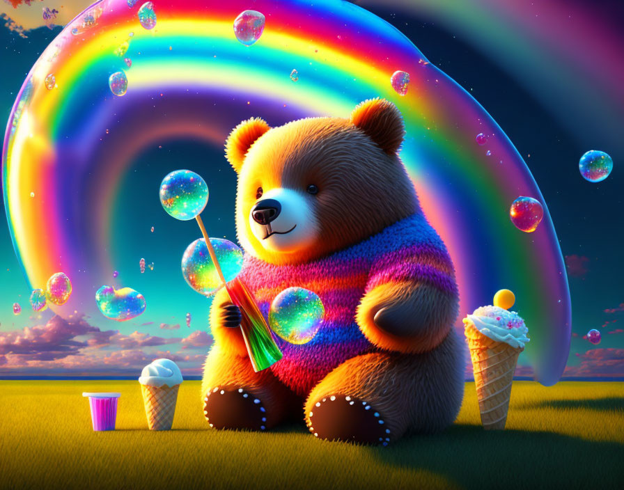 Colorful Teddy Bear Blowing Bubbles Near Rainbow