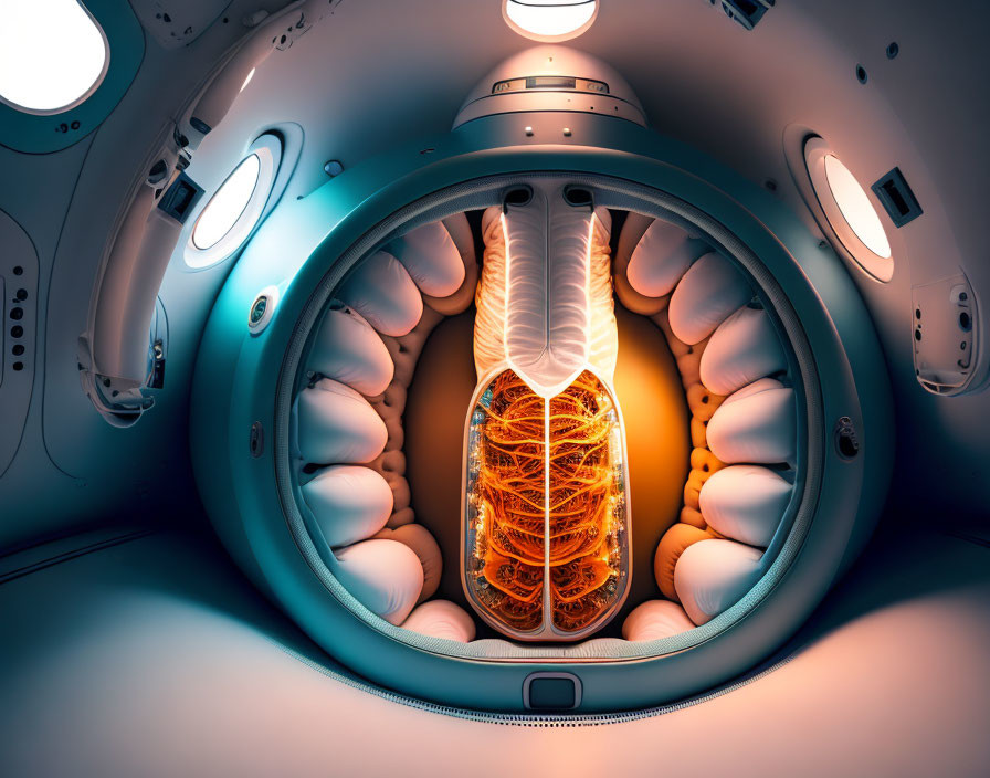 Futuristic illuminated core in cushioned capsule chamber