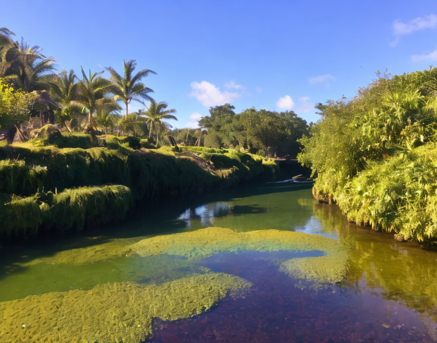 Tranquil River with Overgrown Green Banks and Palm Trees