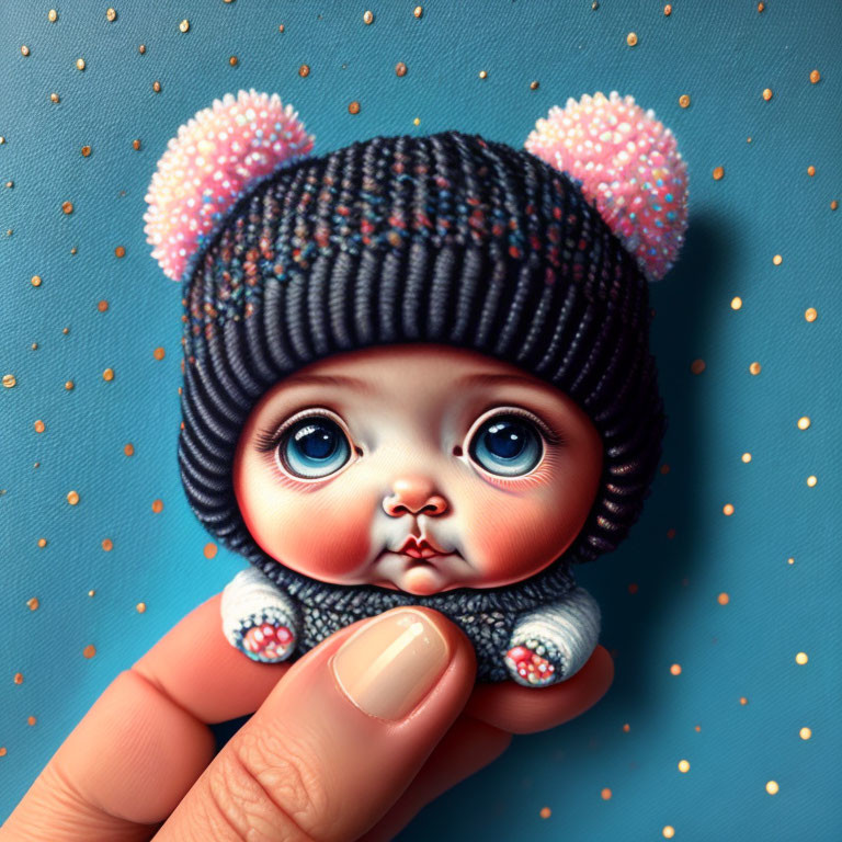 Hyperrealistic Illustration of Tiny Creature with Blue Eyes in Knit Hat