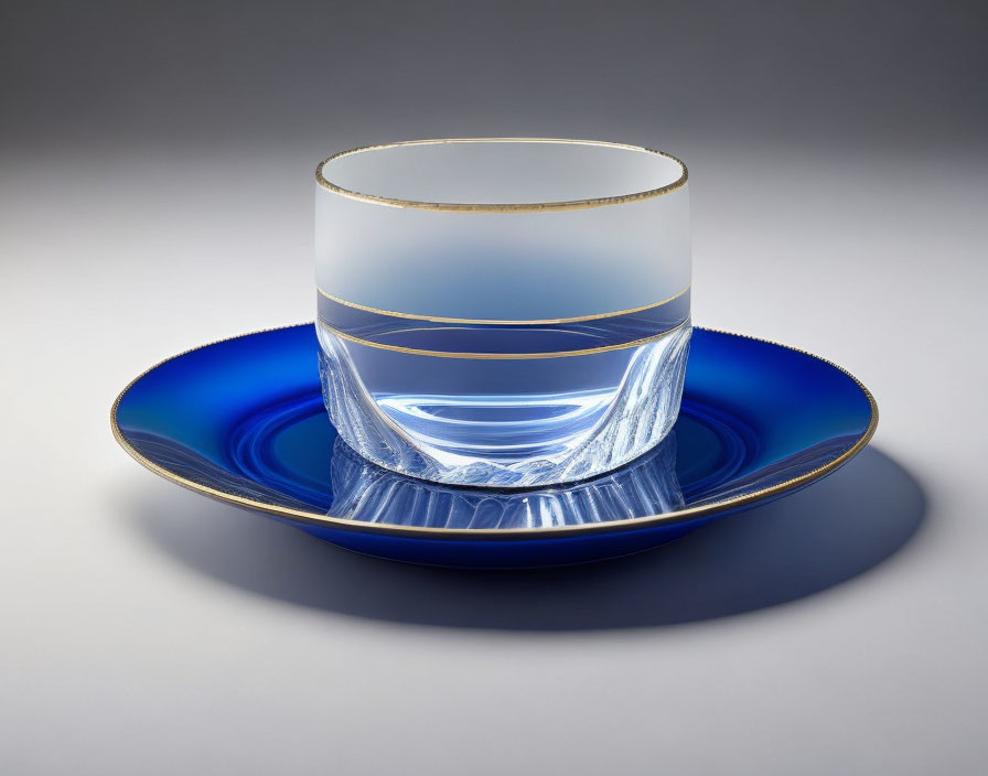 Blue Saucer with Gold-Rimmed Glass Tumbler & Wave Designs