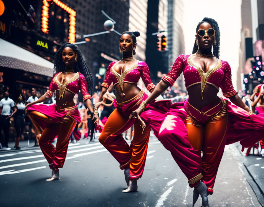 Vibrant pink and gold costumed dancers on city street