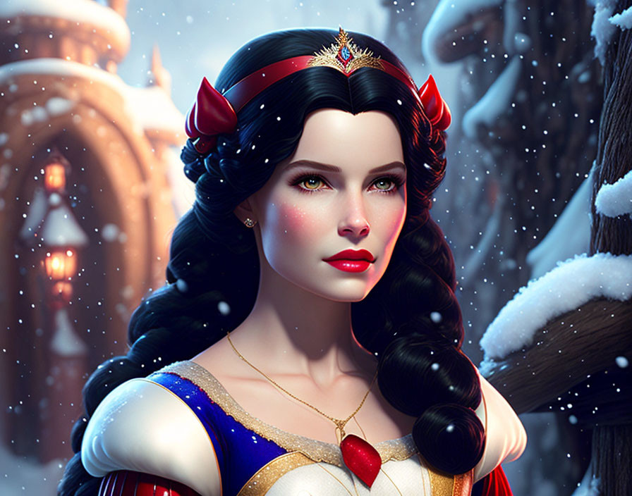 Stylized Snow White illustration with red headband in snowy castle backdrop