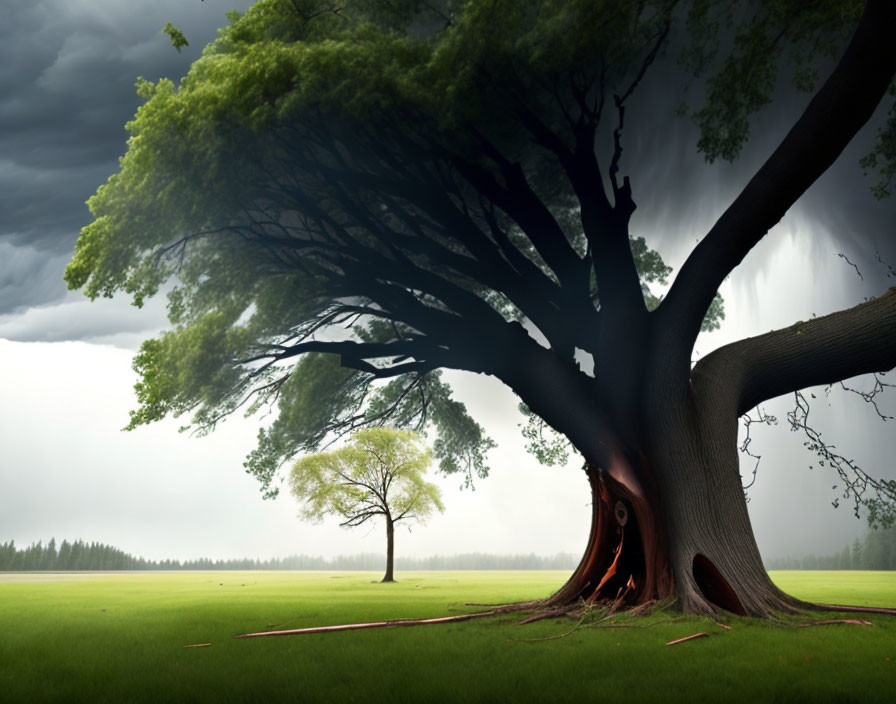 Prominent large tree in green field under stormy sky