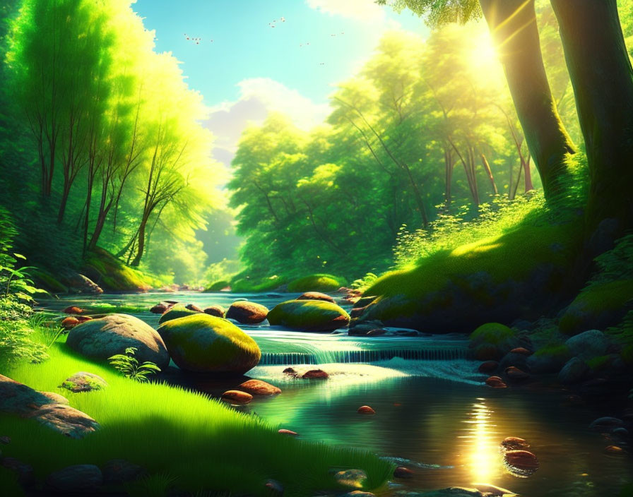 Serene forest river scene with moss-covered stones and lush greenery