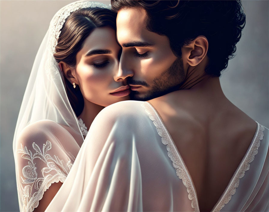 Bride and groom share intimate moment with closed eyes and lace details