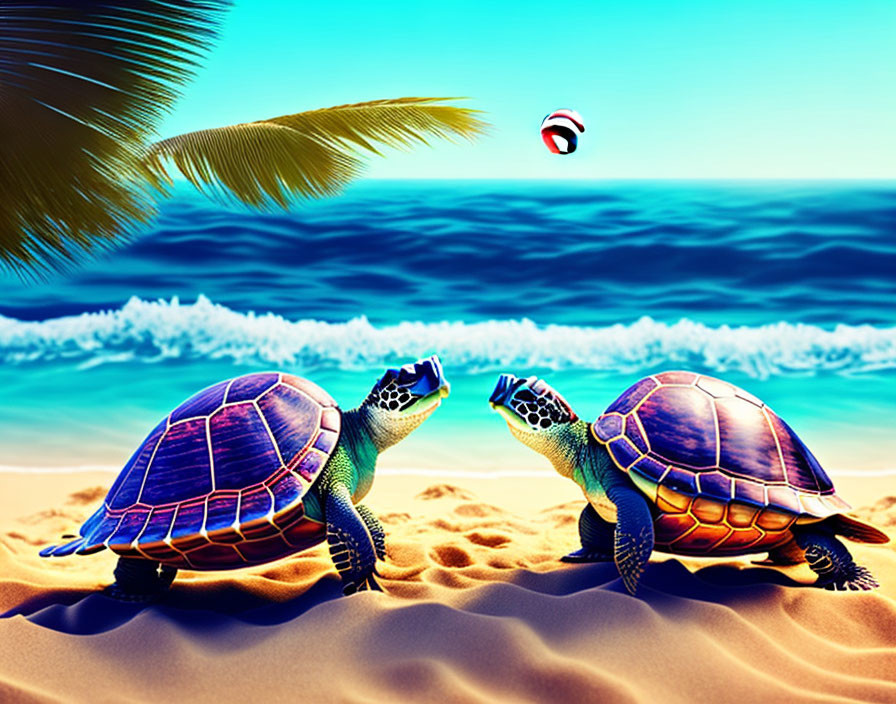 Cartoon turtles playing with beach ball at ocean palm tree.