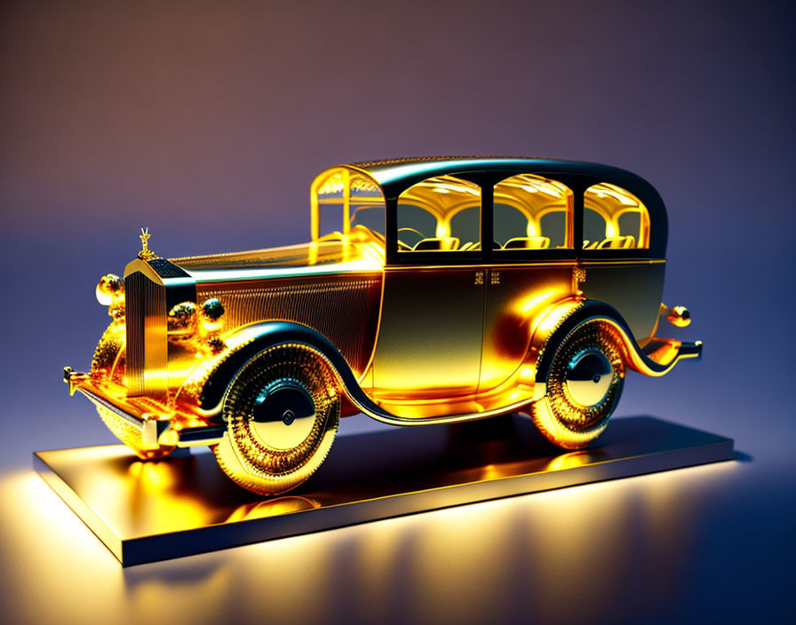 Reflective Gold Vintage Car Model on Stand Blue Gradient Background