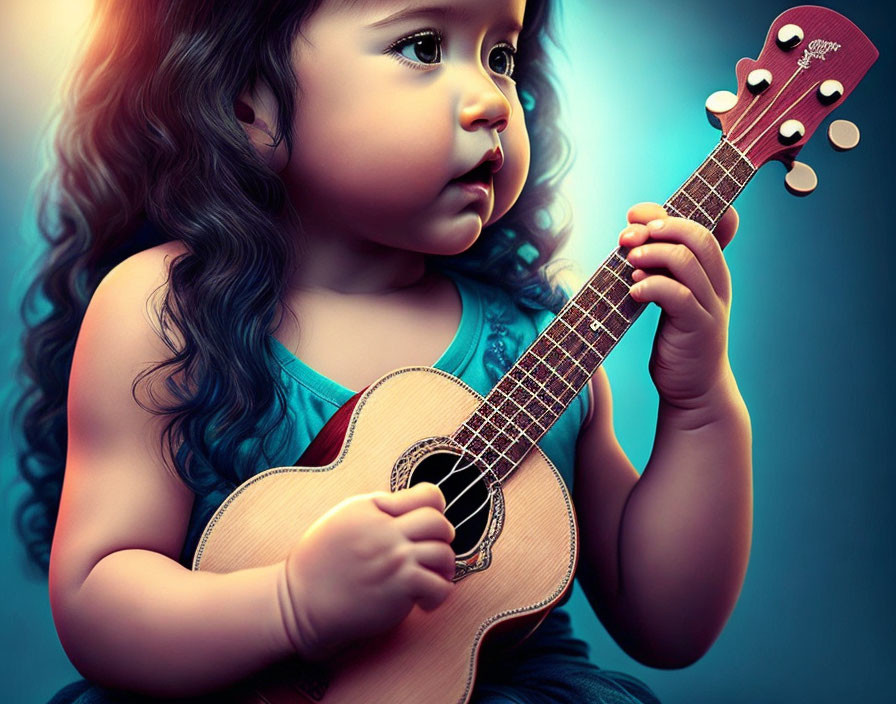 Curly-Haired Child Holding Ukulele in Warm and Cool Lighting