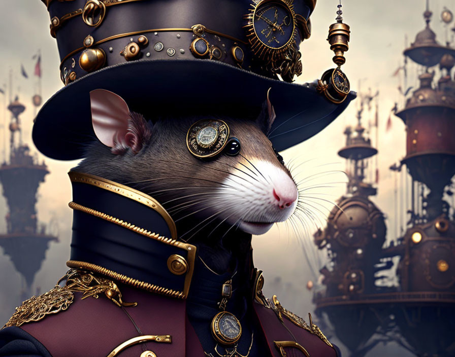 Detailed Steampunk Mouse Illustration with Airships