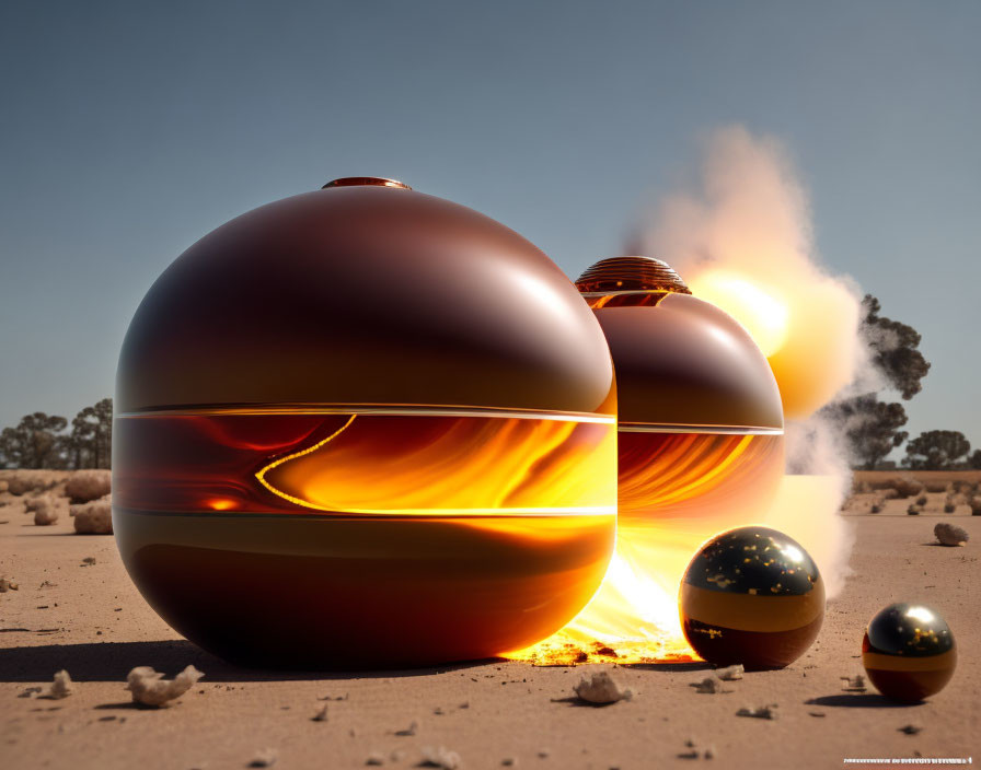 Metallic Glowing Spheres Emitting Smoke and Fire in Desert Landscape