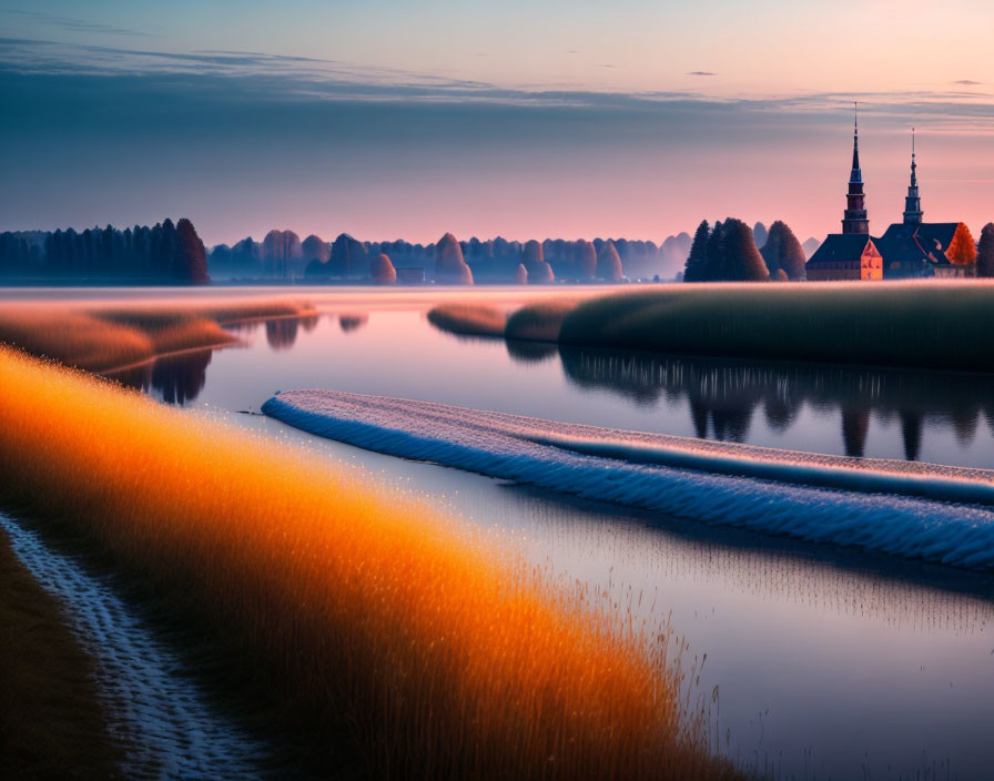 Serene sunrise scene: lake, church, vibrant colors, pathway