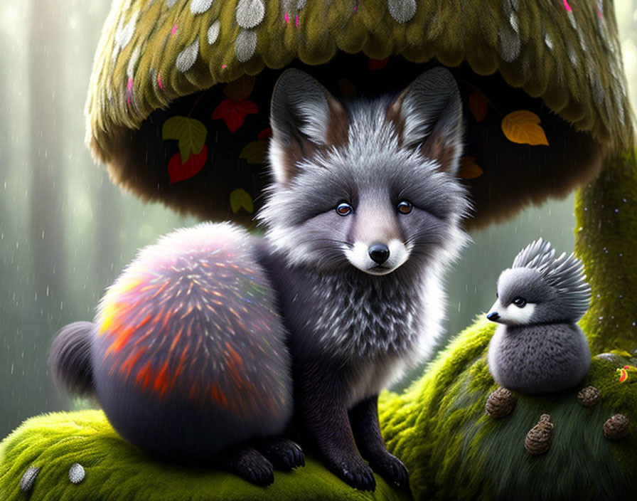 Stylized illustration of gray fox, bird, mushroom, rain, foliage