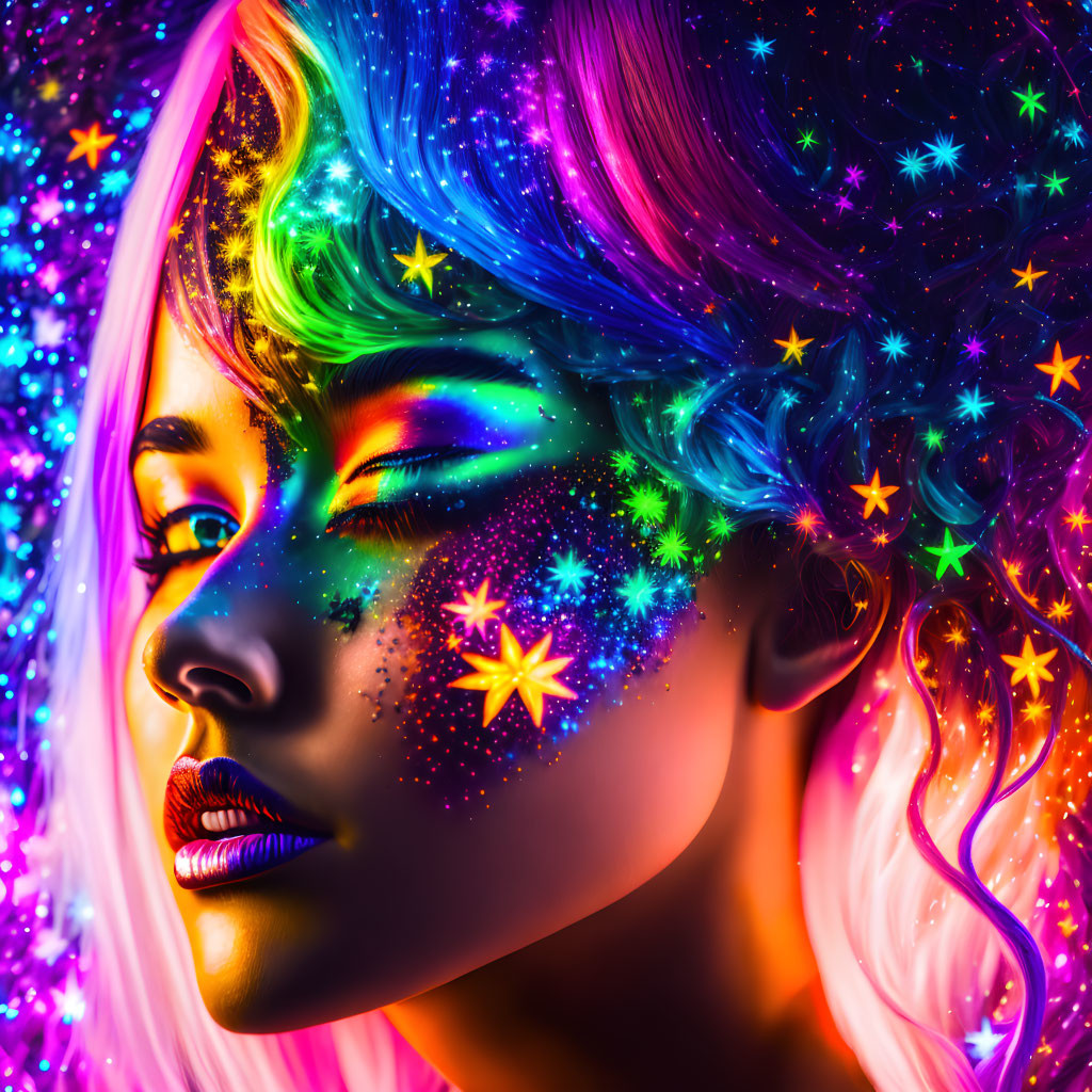 Colorful digital art: Woman with galaxy makeup & neon rainbow hair