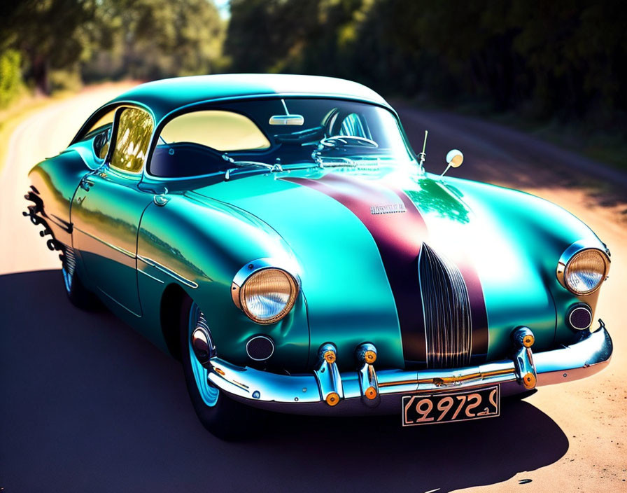 Vintage Turquoise and White Car with Chrome Detailing Parked on Road