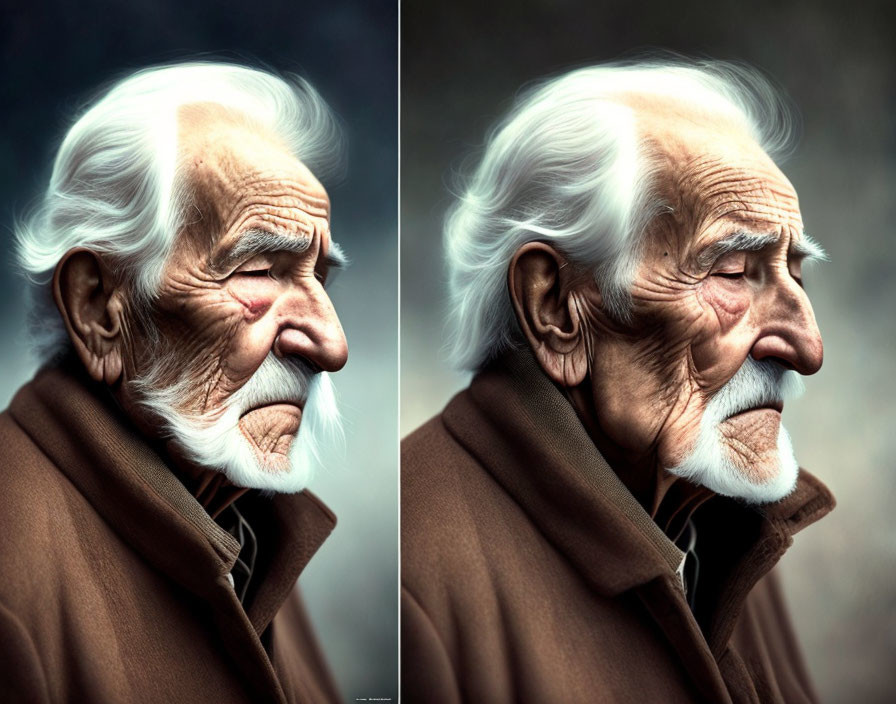 Elderly man in brown coat with white hair in reflective diptych portrait