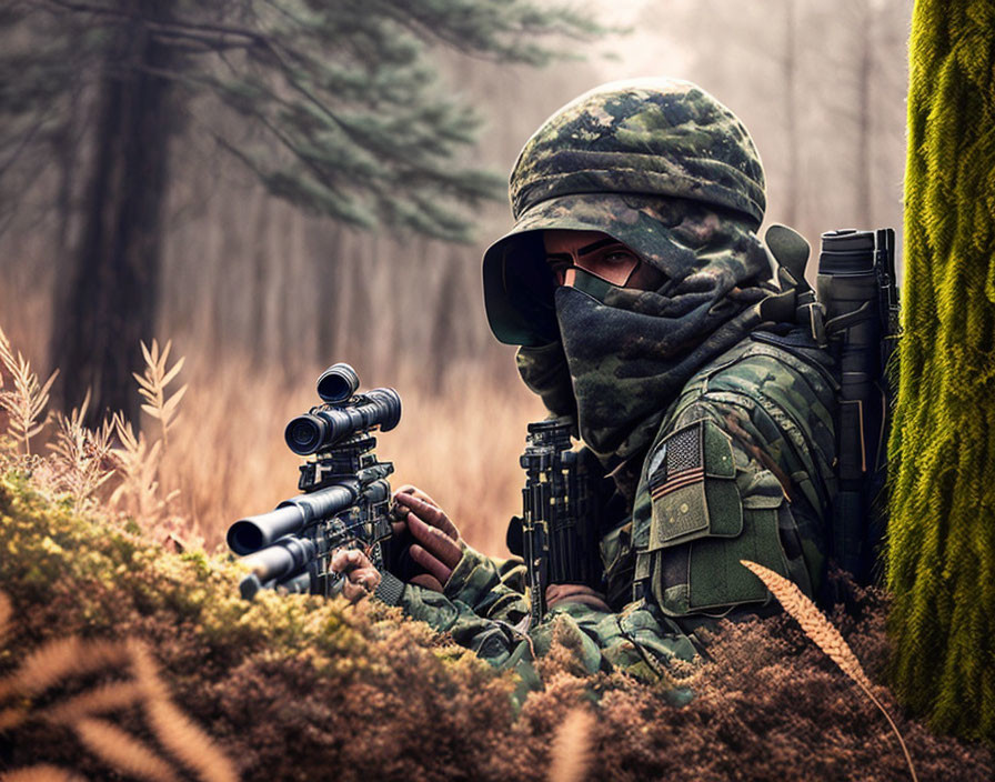 Camouflaged Soldier in Forest with Scoped Rifle