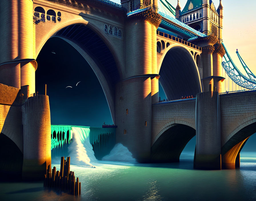 Surreal Tower Bridge scene with oversized waves and dramatic sky