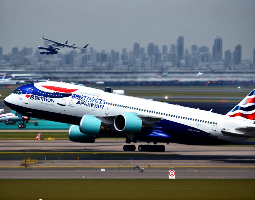 British Airways aircraft at airport with city skyline and planes in background.