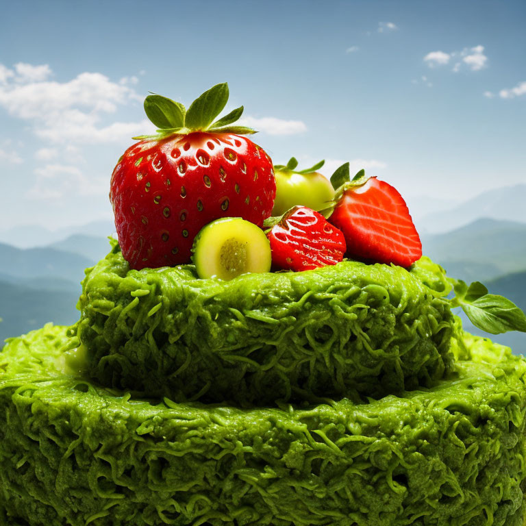 Colorful Fruit-Topped Green Cake with Mountain View