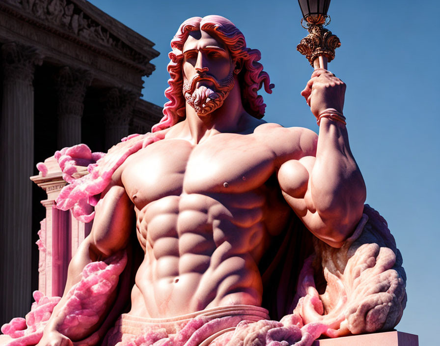 Bearded man statue with trident in pink clouds