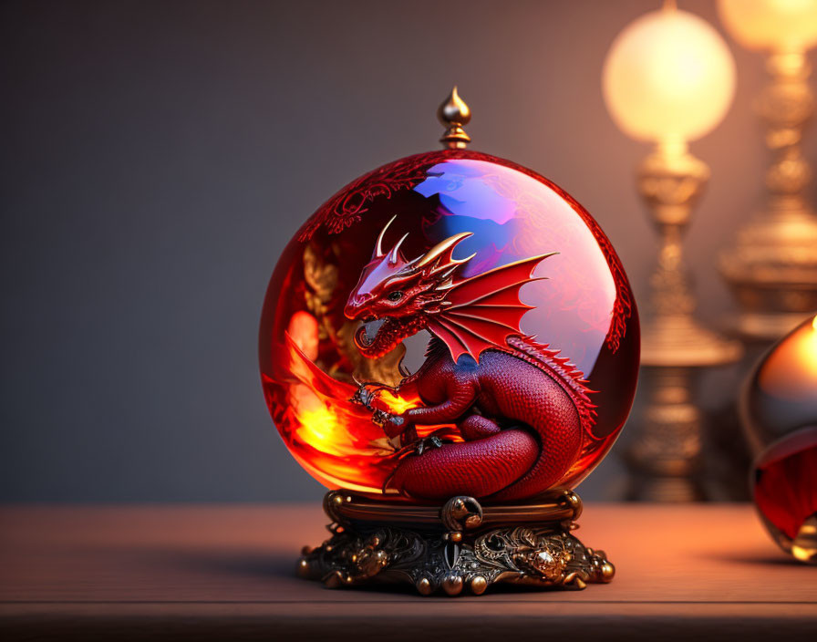 Red Dragon in Crystal Ball with Vintage Lanterns and Moody Backdrop